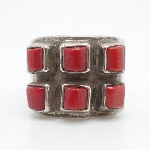 EXEX SIGNED STERLING SILVER SQUARE RED GEMSTONE WIDE BAND RING SIZE 4.5: EXEX CLAUDIA AGUDELO STERLING SILVER RED CORAL GEMSTONE WIDE BAND RING SZ 4.5 Vintage EXEX Claudia Agudelo Sterling Silver Red Coral Gemstone Wide Band Ring Size - 4.5 Band Width - 9.5mm Depth - 1.9mm