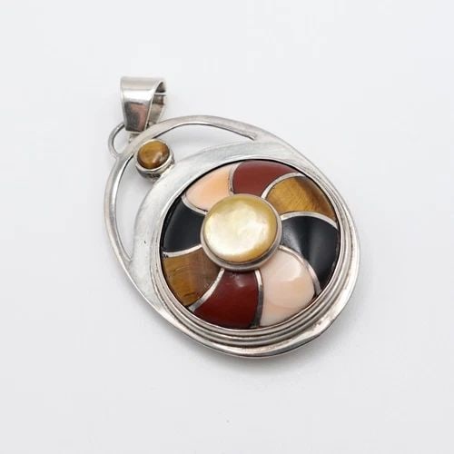 STERLING SILVER 925 PERU MULTI GEMSTONE INLAY ROUND SPIRAL PENDANT - 2.75": STERLING SILVER 925 PERU MULTI GEMSTONE INLAY ROUND SPIRAL PENDANT - 2.75" Sterling Silver 925 Peru Multi Gemstone Inlay Round Spiral Pendant Height - 2.75" Bail Height - 9mm Total Weight - 33.4 Grams