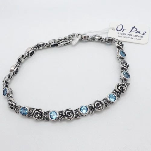 OR PAZ STERLING SILVER BLUE TOPAZ ROSE FLOWER CHAIN BRACELET - 7.5" LONG NWT (1 of 2)