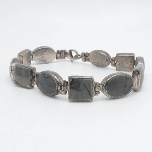 SIGNED PB STERLING SILVER OVAL & SQUARE AGATE CHAIN LINK BRACELET SIZE 7.5" LONG (1 of 2)