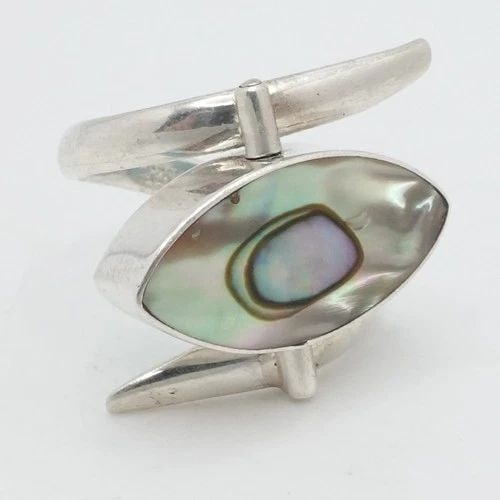 HCB STERLING SILVER MEXICO MOTHER OF PEARL TURQUOISE FLIP DOUBLE RING SIZE 8.75: HCB STERLING SILVER MEXICO MOTHER OF PEARL TURQUOISE FLIP DOUBLE RING SIZE 8.75 Signed HCB Sterling Silver Mother of Pearl & Turquoise Flip Double Ring Size - 8.75 Band Width - 3mm Height - 20mm Gemst