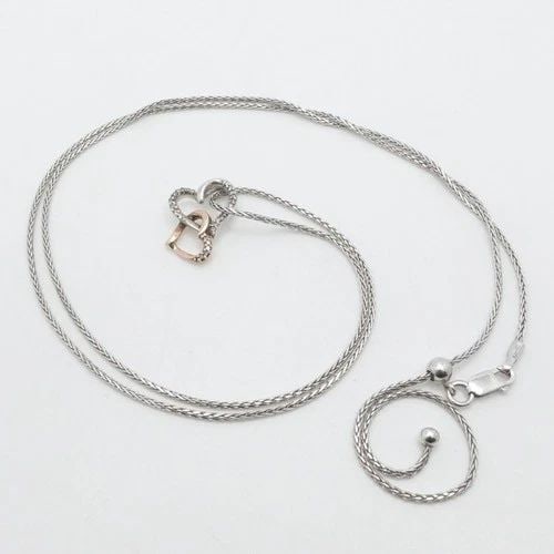 STERLING SILVER TWO TONE DOUBLE HEART DIAMOND CHARM ADJUSTABLE NECKLACE 23.5" (1 of 2)