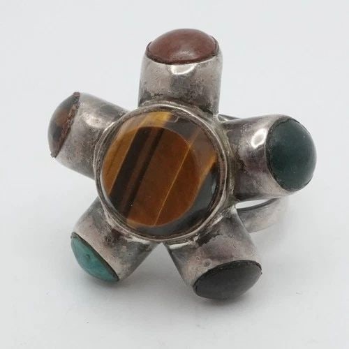 STERLING SILVER MEXICO MULTI GEMSTONE STAR MOTIF BOLD STATEMENT RING SIZE 7.5: STERLING SILVER MEXICO MULTI GEMSTONE STAR MOTIF BOLD STATEMENT RING SIZE 7.5 Sterling Silver Mexico Multi Gemstone Star Motif Bold Statement Size - 7.5 Band Width - 4.5mm Height (Head to Bridge) - 14