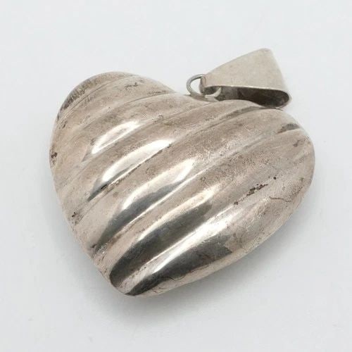 STERLING SILVER MEXICO PUFFED HEART RIBBED LARGE PENDANT 2.5" (1 of 2)