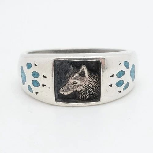 STERLING SILVER WOLF CLAW MOTIF TURQUOISE INLAY BAND RING SIZE 13 (1 of 2)
