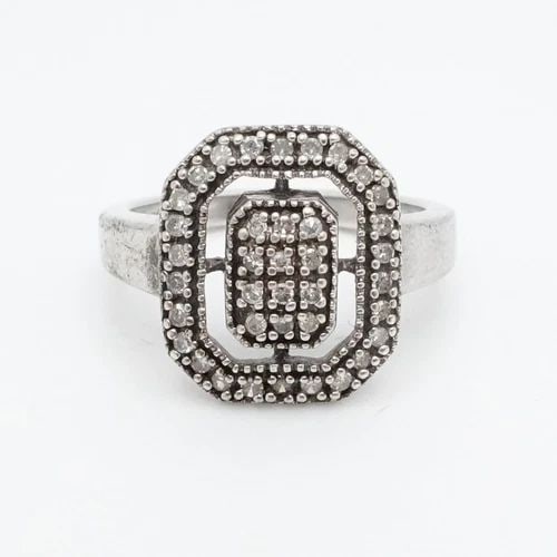 HENG NGAI STERLING SILVER PAVE DIAMOND RING - SIZE 7.25: HENG NGAI STERLING SILVER PAVE DIAMOND RING - SIZE 7.25 Signed HN Designer Heng Ngai Sterling Silver Pave Diamond Ring Size - 7.25 Band Width - 2.5mm Height - 15mm Width - 13mm Total Weight - 4.2 Gram