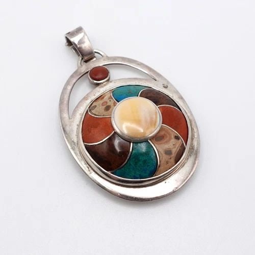 MF SILVER 950 PERU MULTI GEMSTONE INLAY ROUND SPIRAL PENDANT - 2.25" (1 of 2)