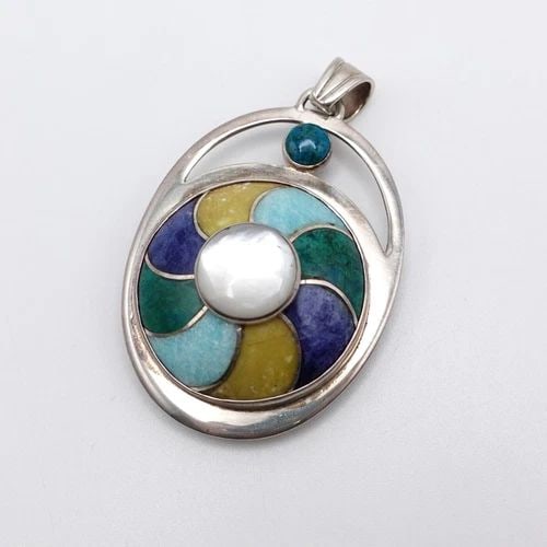 MF SILVER 950 PERU MULTI GEMSTONE INLAY ROUND SPIRAL PENDANT - 2.75": MF SILVER 950 PERU MULTI GEMSTONE INLAY ROUND SPIRAL PENDANT - 2.75" MF Silver 950 Peru Multi Gemstone Inlay Round Spiral Pendant Height - 2.75" Bail Height - 8mm Total Weight - 31.3 Grams