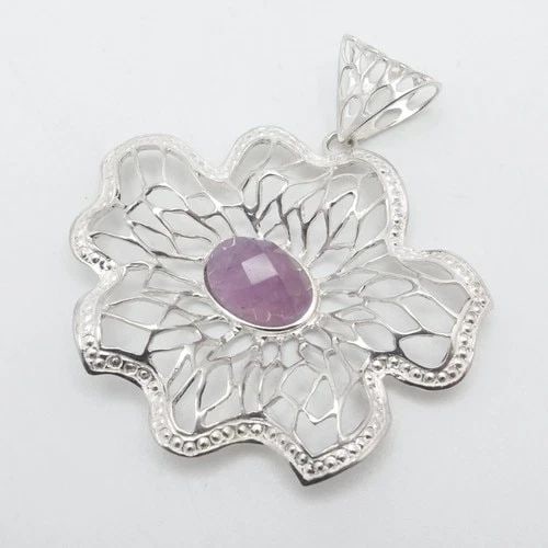 RIDER SILVER 950 OPENWORK FLOWER FACETED AMETHYST PENDANT 2.5": RIDER SILVER 950 OPENWORK FLOWER FACETED AMETHYST PENDANT 2.5" Rider Silver 950 Openwork Flower Faceted Amethyst Pendant Length - 2.5" Width - 2.1" Bail Size (HxW) - 12mm x 6mm Gemstone Size - 14 x 10