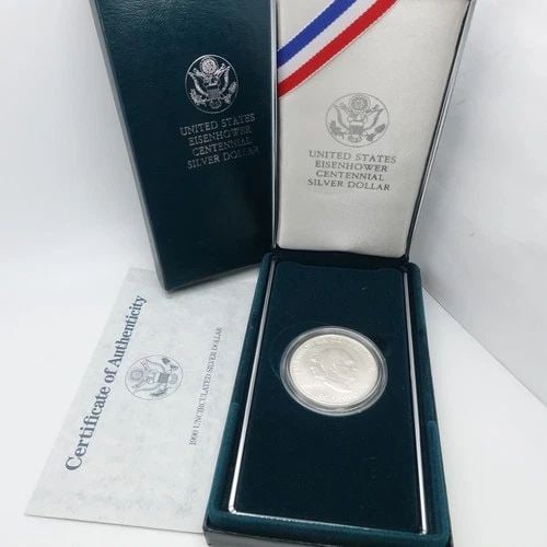 1990 W U.S MINT EISENHOWER CENTENNIAL UNCIRCULATED SILVER DOLLAR COIN BOX & COA: 1990 W U.S MINT EISENHOWER CENTENNIAL UNCIRCULATED SILVER DOLLAR COIN BOX & COA 1990 W U.S Mint Eisenhower Centennial Uncirculated Silver Dollar Coin Box Case (Outside Sleeve is missing) & COA Include