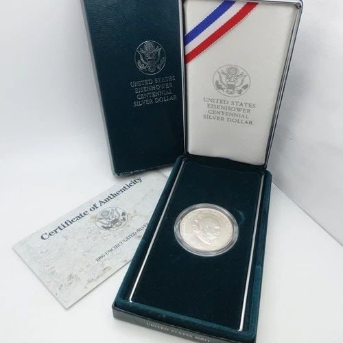 1990 W U.S MINT EISENHOWER CENTENNIAL UNCIRCULATED SILVER DOLLAR COIN BOX & COA: 1990 W U.S MINT EISENHOWER CENTENNIAL UNCIRCULATED SILVER DOLLAR COIN BOX & COA 1990 W U.S Mint Eisenhower Centennial Uncirculated Silver Dollar Coin Box & COA Included This listing is for 1 Coin ONLY