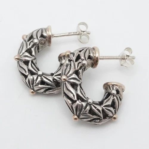 SU STERLING SILVER 14K YELLOW GOLD FLOWER HALF HUGGIE HOOP EARRINGS 3/4" (1 of 2)
