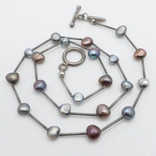 MARIE DEMASI STERLING SILVER TAHITIAN PEARL BEADED TOGGLE CORD NECKLACE 16.5": MARIE DEMASI STERLING SILVER TAHITIAN PEARL BEADED TOGGLE CORD NECKLACE 16.5" Marie DeMasi Sterling Silver Tahitian Pearl Beaded Toggle Cord Necklace Length -16.5" Cord Width - 1mm Thick Pearl Size - 