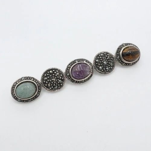 SILVER PAVE MARCASITE AMETHYST TIGER'S EYE JADE SCARAB BAR BROOCH PIN (1 of 2)