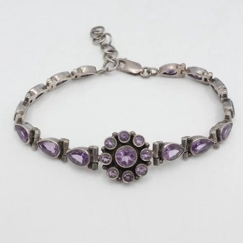 STERLING SILVER AMETHYST FLOWER CHAIN ADJUSTABLE BRACELET 9.25" LONG: STERLING SILVER AMETHYST FLOWER CHAIN ADJUSTABLE BRACELET 9.25" LONG Sterling Silver Amethyst Flower Chain Adjustable Bracelet Length - 9.25" Long Adjustable fits up to Min 7" - 8.75" Max Chain Width 