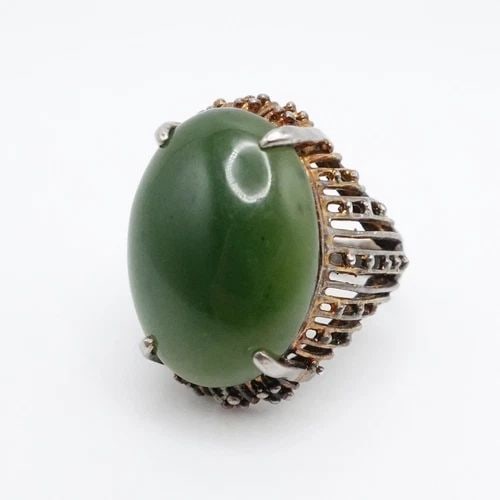 STERLING SILVER GREEN GEMSTONE OPENWORK CABOCHON RING - SIZE 6.25 (1 of 2)