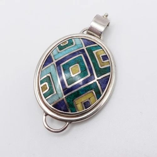 SILVER 950 PERU MULTI GEMSTONE INLAY OVAL PIN BROOCH PENDANT - 2" (1 of 2)