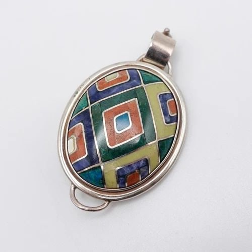 SILVER 950 PERU MULTI GEMSTONE INLAY OVAL PIN BROOCH PENDANT - 2" (1 of 2)