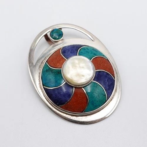 STERLING SILVER 925 MULTI GEMSTONE INLAY ROUND SPIRAL PENDANT - 2.25": STERLING SILVER 925 MULTI GEMSTONE INLAY ROUND SPIRAL PENDANT - 2.25" Sterling Silver 925 Multi Gemstone Inlay Round Spiral Pendant Height - 2.25" Bail Height - 9mm Total Weight - 24.8 Grams