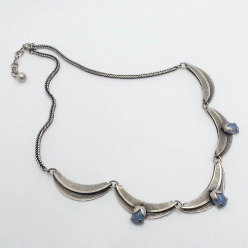 SILVER 800 CABOCHON BLUE GEMSTONE CRESCENT PANEL CHAIN NECKLACE 16.7" (1 of 2)