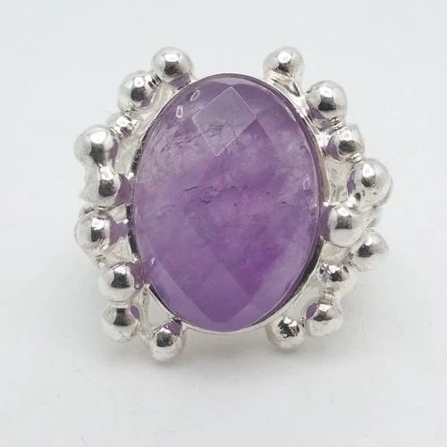RIDER SILVER 950 FACETED OVAL AMETHYST BEADED RING SIZE 6.5 (1 of 2)