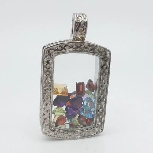STERLING SILVER MULTI GEMSTONE GLASS PENDANT 1.75" (1 of 2)