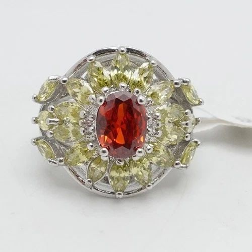 STERLING SILVER GARNET & CITRINE CLUSTER FLOWER COCKTAIL RING SIZE 7 (1 of 2)