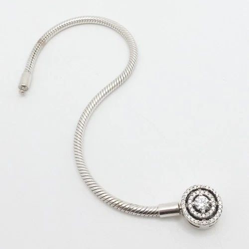 PANDORA MOMENTS STERLING SILVER HALO CUBIC ZIRCONIA SNAKE CHAIN BRACELET 6.7": PANDORA MOMENTS STERLING SILVER HALO CUBIC ZIRCONIA SNAKE CHAIN BRACELET 6.7" Pandora Moments Sterling Silver Halo Clear Cubic Zirconia Snake Chain Bracelet Length - 6.7" Long Wrist Size - 5.9" Est.