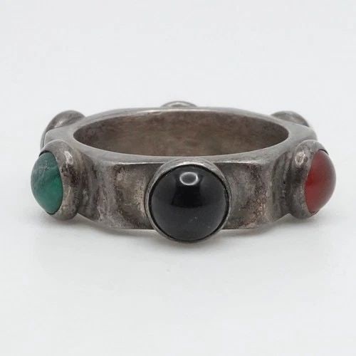 STERLING SILVER ROUND MULTI GEMSTONE GEOMETRIC BAND RING SIZE 8: STERLING SILVER ROUND MULTI GEMSTONE GEOMETRIC BAND RING SIZE 8 Sterling Silver Round Multi Gemstone Geometric Band Ring Size - 8 Band Width - 5.5mm Gemstone Size - 6.5 Total Weight - 9.4 Grams