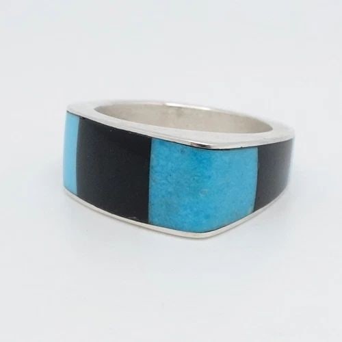 JAY KING DTR STERLING SILVER TURQUOISE ONYX INLAY STRIPE BAND RING - SIZE 10: JAY KING DTR STERLING SILVER TURQUOISE ONYX INLAY STRIPE BAND RING - SIZE 10 Jay King Desert Rose Trading Company Signed DTR Sterling Silver Turquoise Onyx Inlay Gemstone Asymmetrical Stripe Band