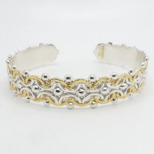 STERLING SILVER GOLD PLATED TWO TONE SCROLL BEADED CUFF BRACELET 7" WRIST (1 of 2)