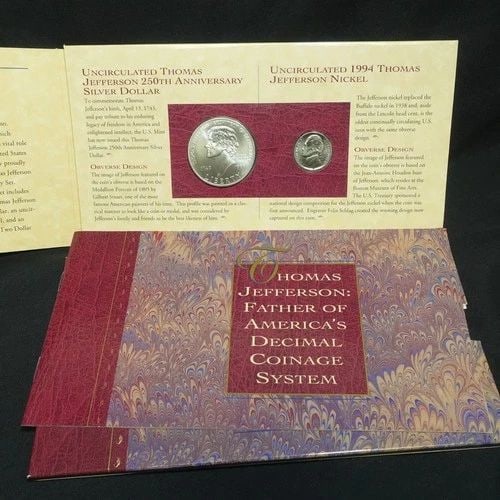 THOMAS JEFFERSON FATHER OF AMERICA DECIMAL COINAGE SYSTEM 2 COIN & 2$ BILL NOTE (1 of 2)