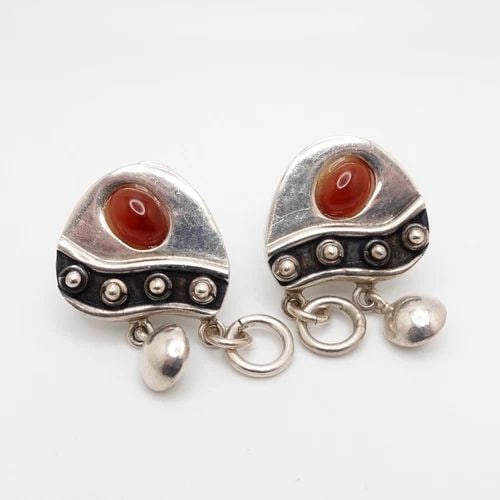 OP SILVER 950 CARNELIAN GEMSTONE ASYMMETRICAL CLIP-ON DROP EARRINGS - 1.5" (1 of 2)