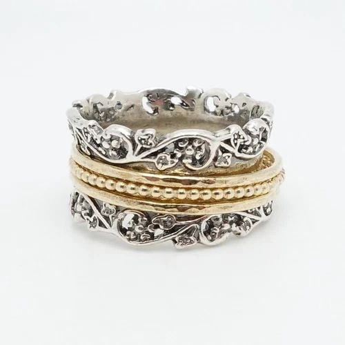 OR PAZ STERLING SILVER TWO TONE FLOWER ORNATE SPINNER BAND WIDE RING - SIZE 7.5 (1 of 2)
