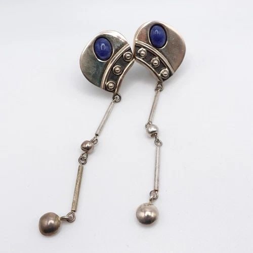 OP SILVER 950 SODALITE GEMSTONE ASYMMETRICAL CLIP-ON STUD DANGLE EARRINGS - 3.5" (1 of 2)