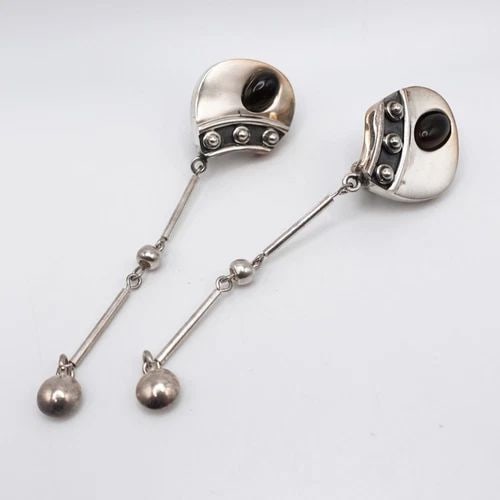 OP SILVER 950 GRAY GEMSTONE ASYMMETRICAL CLIP-ON STUD EARRINGS - 3.5" (1 of 2)