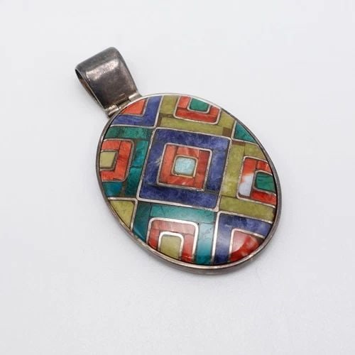 STERLING SILVER 925 MULTI GEMSTONE INLAY OVAL PENDANT - 2.25": STERLING SILVER 925 MULTI GEMSTONE INLAY OVAL PENDANT - 2.25" Sterling Silver 925 Multi Gemstone Inlay Oval Pendant Height - 2.25" Length - 1.25" Bail Height - 10mm Bail Width - 5mm Total Weight - 19.