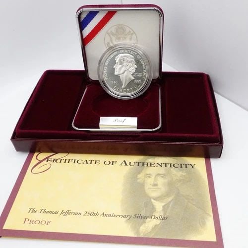 1993 U.S MINT THOMAS JEFFERSON 250TH ANNIVERSARY SILVER PROOF DOLLAR OGP COA #18 (1 of 2)