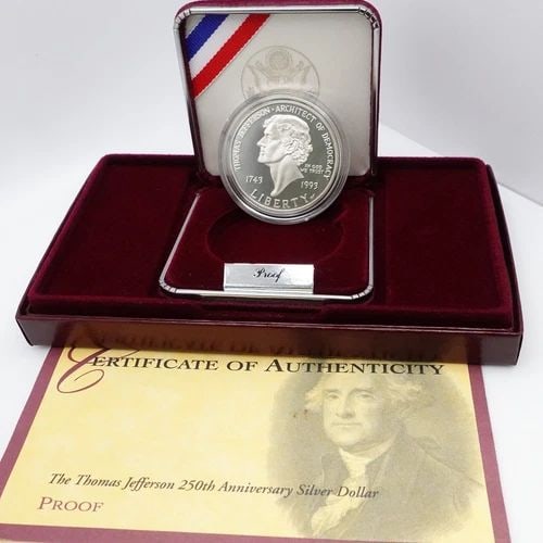 1993 U.S MINT THOMAS JEFFERSON 250TH ANNIVERSARY SILVER PROOF DOLLAR OGP COA #17 (1 of 2)
