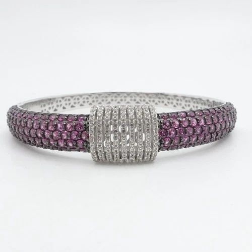 STERLING SILVER PAVE PURPLE & CLEAR CUBIC ZIRCONIA BANGLE BRACELET SIZE 7" WRIST: STERLING SILVER PAVE PURPLE & CLEAR CUBIC ZIRCONIA BANGLE BRACELET SIZE 7" WRIST Sterling Silver Pave Purple & Clear Cubic Zirconia Bangle Bracelet Fits up to 7" Wrist Height - 13.5 mm Diameter -