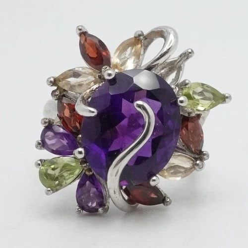 STERLING SILVER MULTI GEMSTONE CLUSTER RING SIZE 6.25: STERLING SILVER MULTI GEMSTONE CLUSTER RING SIZE 6.25 Sterling Silver Multi Gemstone Cluster Ring Size - 6.25 Band Width - 2mm Total Weight - 5.8 Grams **Missing 1 gemstone**