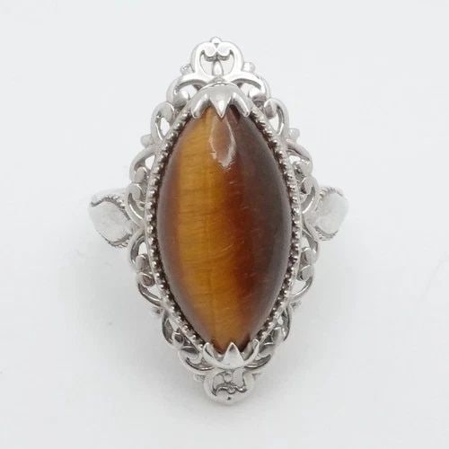 STERLING SILVER MARQUISE TIGER'S EYE GEMSTONE FILIGREE RING SIZE 7.25: STERLING SILVER MARQUISE TIGER'S EYE GEMSTONE FILIGREE RING SIZE 7.25 Sterling Silver Marquise Tiger's Eye Gemstone Filigree Ring Size - 7.25 Band Width - 2mm Gemstone Size - 21mm x 10mm Total Weight 