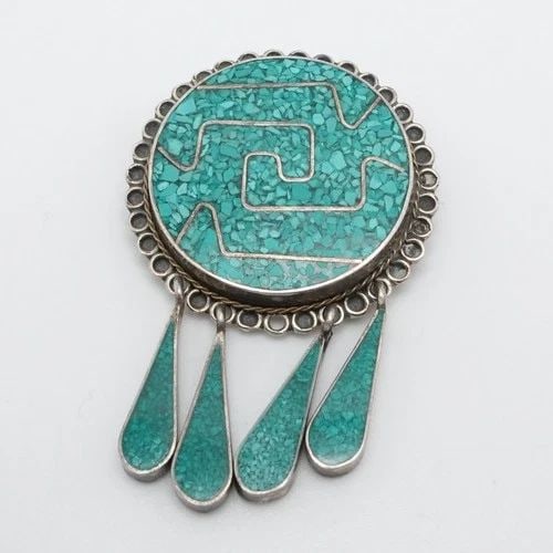 TAXCO STERLING SILVER MEXICO TURQUOISE INLAY BROOCH PENDANT 2.25": TAXCO STERLING SILVER MEXICO TURQUOISE INLAY BROOCH PENDANT 2.25" Taxco Sterling Silver Mexico Turquoise Inlay Brooch Pendant Length - 2.25" Width - 0.90" Depth - 5mm Thick Bail Height - 4mm Total