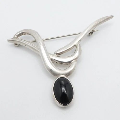 TAXCO STERLING SILVER MEXICO OVAL BLACK ONYX MODERNIST BROOCH PIN (1 of 2)