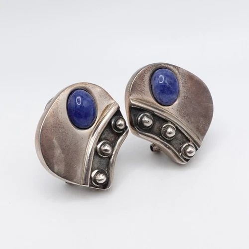OP SILVER 950 SODALITE GEMSTONE ASYMMETRICAL CLIP-ON STUD DROP EARRINGS - .75" (1 of 2)
