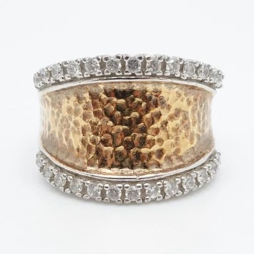 ESPO STERLING SILVER GOLD PLATED CLEAR CUBIC ZIRCONIA HAMMERED WIDE RING 6.25: ESPO STERLING SILVER GOLD PLATED CLEAR CUBIC ZIRCONIA HAMMERED WIDE RING 6.25 Espo Sterling Silver Yellow Gold Plated Clear Cubic Zirconia Hammered Wide Ring Size - 6.25 Band Width - 5mm Height - 15mm