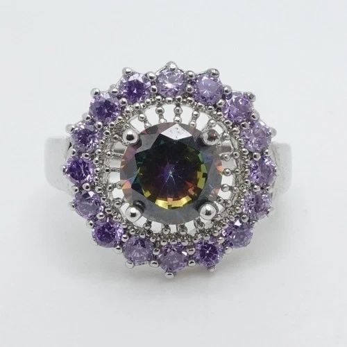 STERLING SILVER ROUND MYSTIC TOPAZ & AMETHYST HALO RING 6.25 (1 of 2)