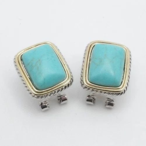 SILVER PLATED TWO TONE TURQUOISE RECTANGLE OMEGA BACK STUD EARRINGS: SILVER PLATED TWO TONE TURQUOISE RECTANGLE OMEGA BACK STUD EARRINGS Silver Plated Two Tone Turquoise Rectangle Omegaback Stud Earrings Height - 3/4" Depth - 9mm Gemstone Size - 11mm x 15mm Total Weigh