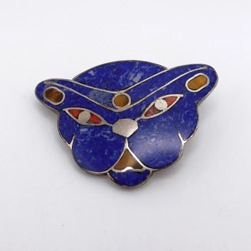 STERLING SILVER 925 BLUE LAPIS MULTI GEMSTONE INLAY PANTHER CAT SMALL PENDANT 1" (1 of 2)