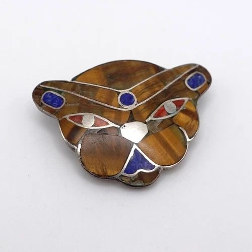 STERLING SILVER 925 BROWN MULTI GEMSTONE INLAY PANTHER CAT SMALL PENDANT 1" (1 of 2)